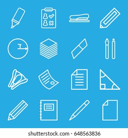 Pencil icons set. set of 16 pencil outline icons such as pencil, pen, highlighter, stapler, paper, document, notepad, triangle, circle, eraser