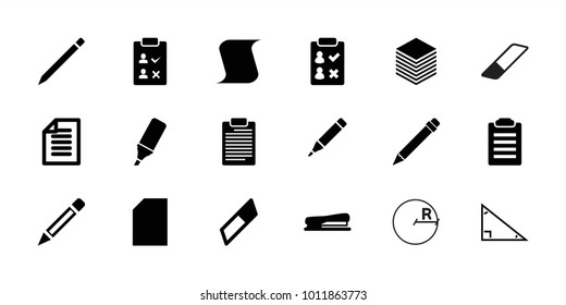 Pencil icons. set of 18 editable filled pencil icons: eraser, paper, check list, highlighter, stapler, pencil, pen, triangle