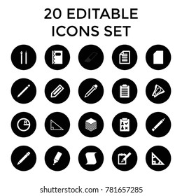 Pencil icons. set of 20 editable filled pencil icons such as pen, triangle, circle, paper, check list, notebook, highlighter. best quality pencil elements in trendy style.