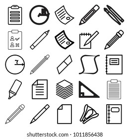 Pencil icons. set of 25 editable outline pencil icons such as document, pen, notepad, circle, eraser, paper, check list, notebook, highlighter, pencil, stapler