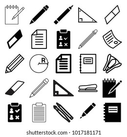 Pencil icons. set of 25 editable filled and outline pencil icons such as pen, notepad, eraser, check list, paper, pencil, stapler, document, triangle, circle