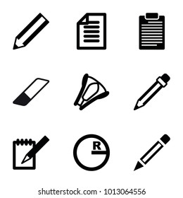 Pencil icons. set of 9 editable filled pencil icons such as pencil, circle, notebook, stapler, paper, eraser