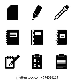 Pencil icons. set of 9 editable filled pencil icons such as notepad, paper, notebook, highlighter, pencil