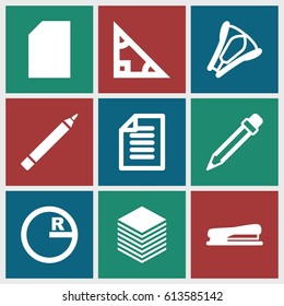 Pencil icons set. set of 9 pencil filled icons such as pen, pencil, stapler, paper, triangle