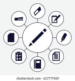 Pencil icons set. set of 9 pencil filled icons such as pen, notebook, highlighter, stapler, paper, eraser