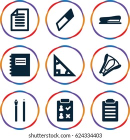 Pencil icons set. set of 9 pencil filled icons such as stapler, paper, notepad, pen, triangle, eraser