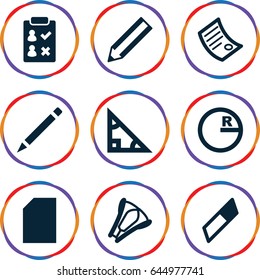 Pencil icons set. set of 9 pencil filled icons such as pencil, pen, stapler, document, triangle, circle, eraser, paper