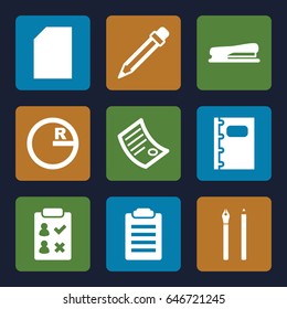 Pencil icons set. set of 9 pencil filled icons such as notebook, pencil, stapler, document, pen, circle, paper
