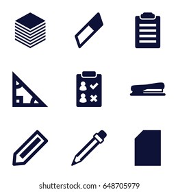 Pencil icons set. set of 9 pencil filled icons such as pencil, stapler, paper, triangle, eraser