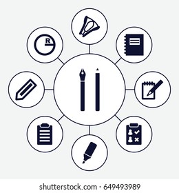 Pencil icons set. set of 9 pencil filled icons such as pencil, notebook, highlighter, stapler, notepad, pen, circle