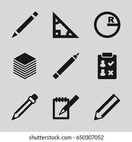 Pencil icons set. set of 9 pencil filled icons such as pen, pencil, notebook, paper, triangle, circle