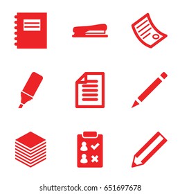 Pencil icons set. set of 9 pencil filled icons such as pencil, pen, highlighter, stapler, paper, document, notepad