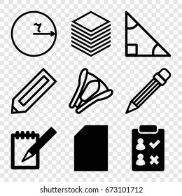 Pencil icons set. set of 9 pencil filled and outline icons such as notebook, pencil, stapler, paper, triangle, circle