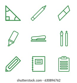 Pencil icons set. set of 9 pencil outline icons such as pencil, pen, highlighter, stapler, notepad, triangle, eraser