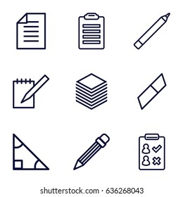 Pencil icons set. set of 9 pencil outline icons such as pen, notebook, pencil, paper, triangle, eraser