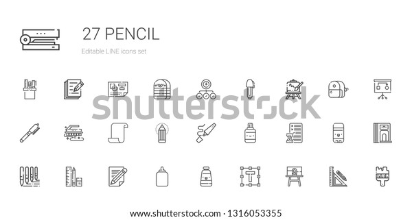 pencil icons set.\
Collection of pencil with canvas, text formatting, oil paint, glue,\
school material, brushes, planning, correction fluid. Editable and\
scalable pencil icons.