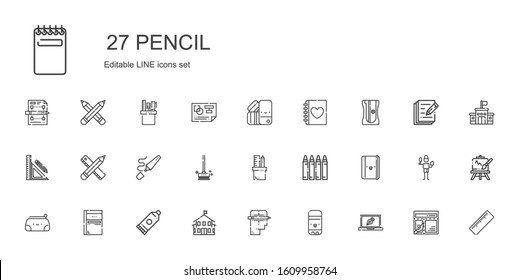 pencil icons set. Collection of pencil with design, glue stick, creative, kindergarten, glue, sketchbook, pencil case, notebook, crayon, brushes. Editable and scalable icons.