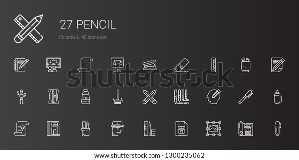 pencil icons set.\
Collection of pencil with graphic design, blueprint, school\
material, creative, pencil case, divider, paper, brushes, pencils.\
Editable and scalable\
icons.