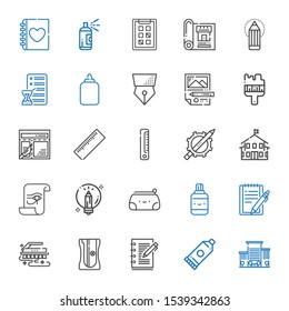 pencil icons set. Collection of pencil with office, glue, notebook, sharpener, brush, notepad, correction fluid, pencil case, creative, paper. Editable and scalable icons.