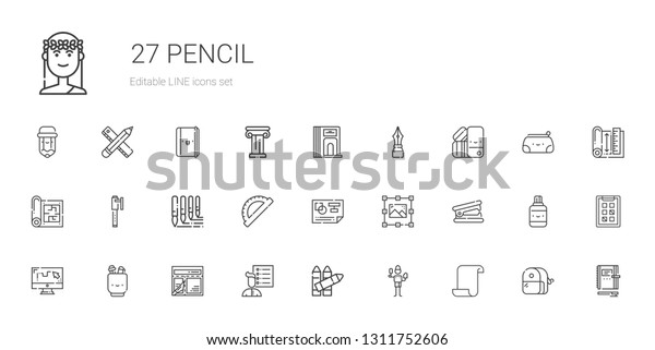 pencil icons set.\
Collection of pencil with paper, brush, crayons, user list, layout,\
pencil case, draw, stapler remover, graphic design, planning.\
Editable and scalable\
icons.