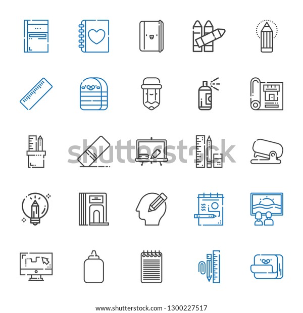pencil icons set.\
Collection of pencil with post it, stationary, notepad, glue, draw,\
canvas, divider, creative, stapler, school material. Editable and\
scalable pencil icons.