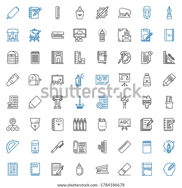 pencil\
icons set. Collection of pencil with sketchbook, eraser, stapler\
remover, notepad, notebook, tasks, creative, ruler, stationary,\
blueprint. Editable and scalable pencil\
icons.