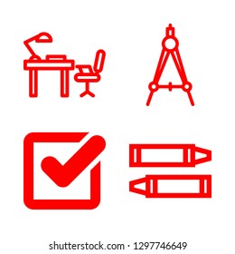 pencil icons set with drawing compass, checked box and studying desk and chair vector set