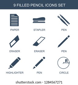 pencil icons. Trendy 9 pencil icons. Contain icons such as paper, stapler, pen, eraser, highlighter, circle. pencil icon for web and mobile.