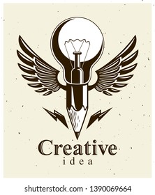 Pencil with idea light bulb combined into symbol with wings, creative energy design art or science invention or research vector logo or icon.