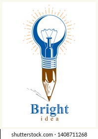 Pencil with idea light bulb combined into symbol, creative energy design art or science invention or research vector logo or icon.