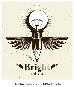 Pencil with idea light bulb combined into symbol with wings, creative energy design art or science invention or research vector logo or icon.
