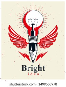Pencil with idea light bulb combined into symbol with wings, creative energy design art or science invention or research vector logo or icon.