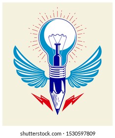 Pencil with idea light bulb combined into symbol with wings, creative energy design art or science invention or research vector logo or icon.