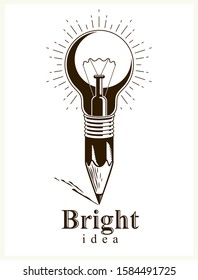 Pencil with idea light bulb combined into symbol, creative energy design art or science invention or research vector logo or icon.