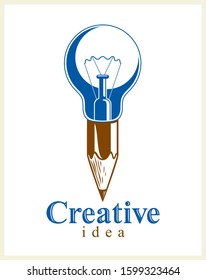 Pencil with idea light bulb combined into symbol, creative energy design art or science invention or research vector logo or icon.