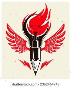 Pencil with idea light bulb combined into symbol with wings, creative energy design art or science invention or research vector logo or icon.
