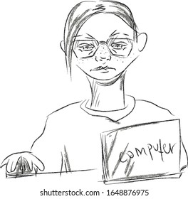 Pencil illustration: the person in front of the computer in glasses