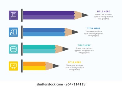 Modelo de design infográfico lápis com 4 passos para educação e conceitos de negócios, ilustração vetorial plana moderna para apresentação