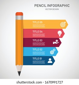  pencil infographic on white background. vector illustration. 
 Business write concept with 5 options. Knowledge education diagram. step to success icon. can be used for workflow layout, web design.