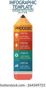 Modelo infográfico lápis com 4 etapas para educação, criatividade, ou apresentações de processo. Camada de vetor editável.