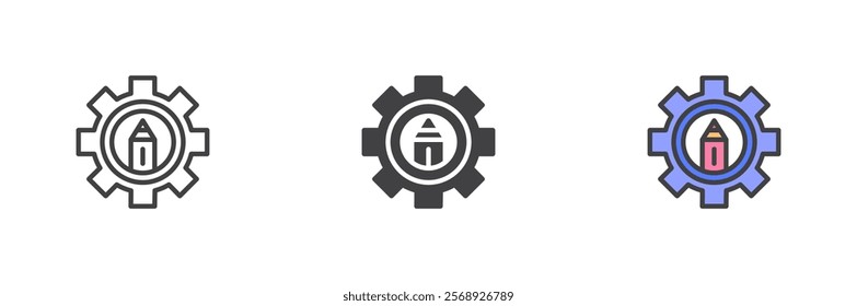 Pencil inside gear icon. Settings, customization line and glyph version, outline and filled vector sign. linear and full pictogram. Symbol, logo illustration. Different style icons set