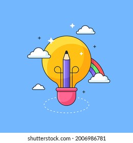 pencil inside light bulb and cloud rainbow for kids creative imagination visual concept vector illustration