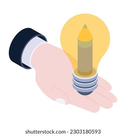 Lápiz interior bombilla que denota un icono isométrico del proceso creativo 