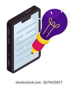 Lápiz dentro de la bombilla, diseño isométrico del icono de escritura creativa