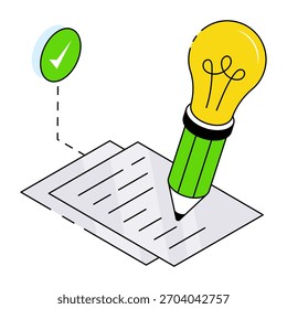 Pencil inside lightbulb, isometric design of creative writing icon