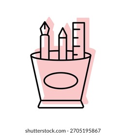 Icono de línea delgada de sombra de color de tarro de lápiz, Vector, píxel perfecto, archivo ilustrador 