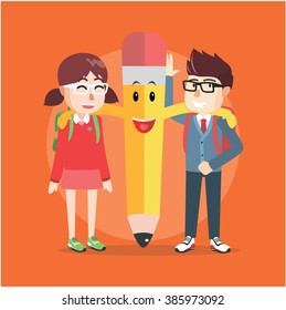 Pencil and kids posing together