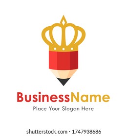 Pencil king crown vector template logo design. Suitable for education, business, royal, art and web