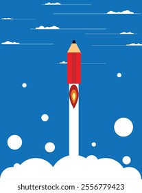 Pencil Launch into Space as Startup Flat Style. Business and future technology vector art