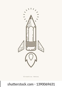 Pencil launching like a rocket start up, creative energy genius artist or designer, vector design and creativity logo or icon, art startup.